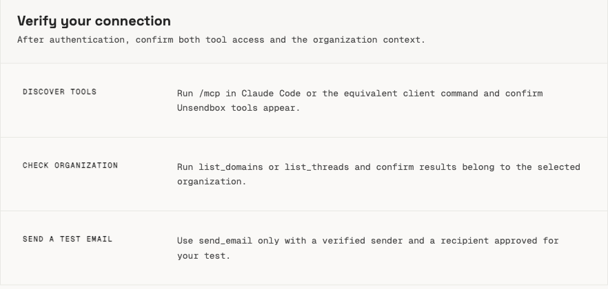 Unsendbox documentation describing how to verify the MCP connection from an AI client