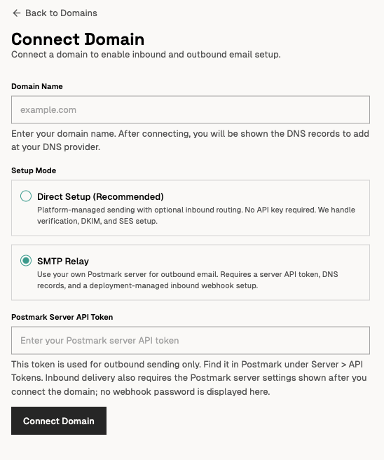 Unsendbox Connect Domain form with SMTP Relay (Postmark) selected and an empty server token field